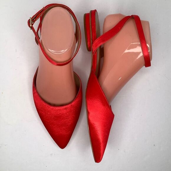 Anthropologie Orange Satin Fabric Ankle Wrap Around Pointy Toe Women Flats Sz 9 - Picture 2 of 9